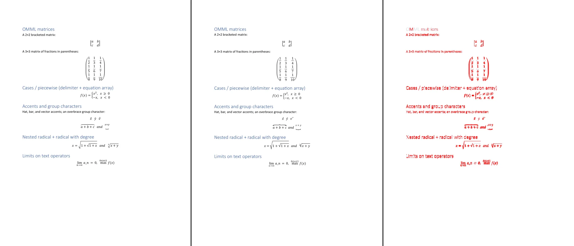 A three-panel comparison of a Word math document, the WordInWeb render, and the highlighted pixel difference.